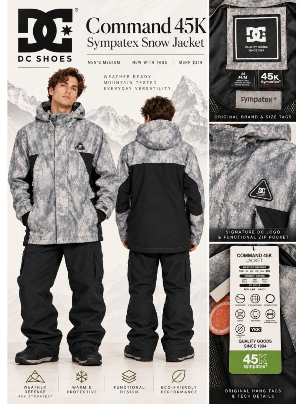 DC Shoes Command 45K Sympatex Snowboard Ski Jacket Men's Medium Gray Black NWT